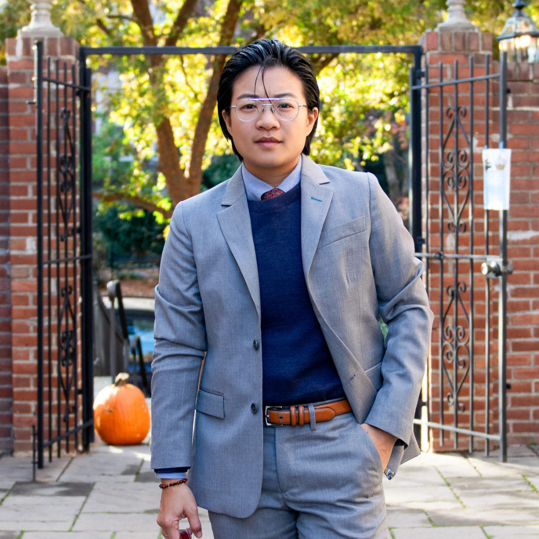 non-binary suiting with navy wool sweater by Kirrin Finch. Color: Navy