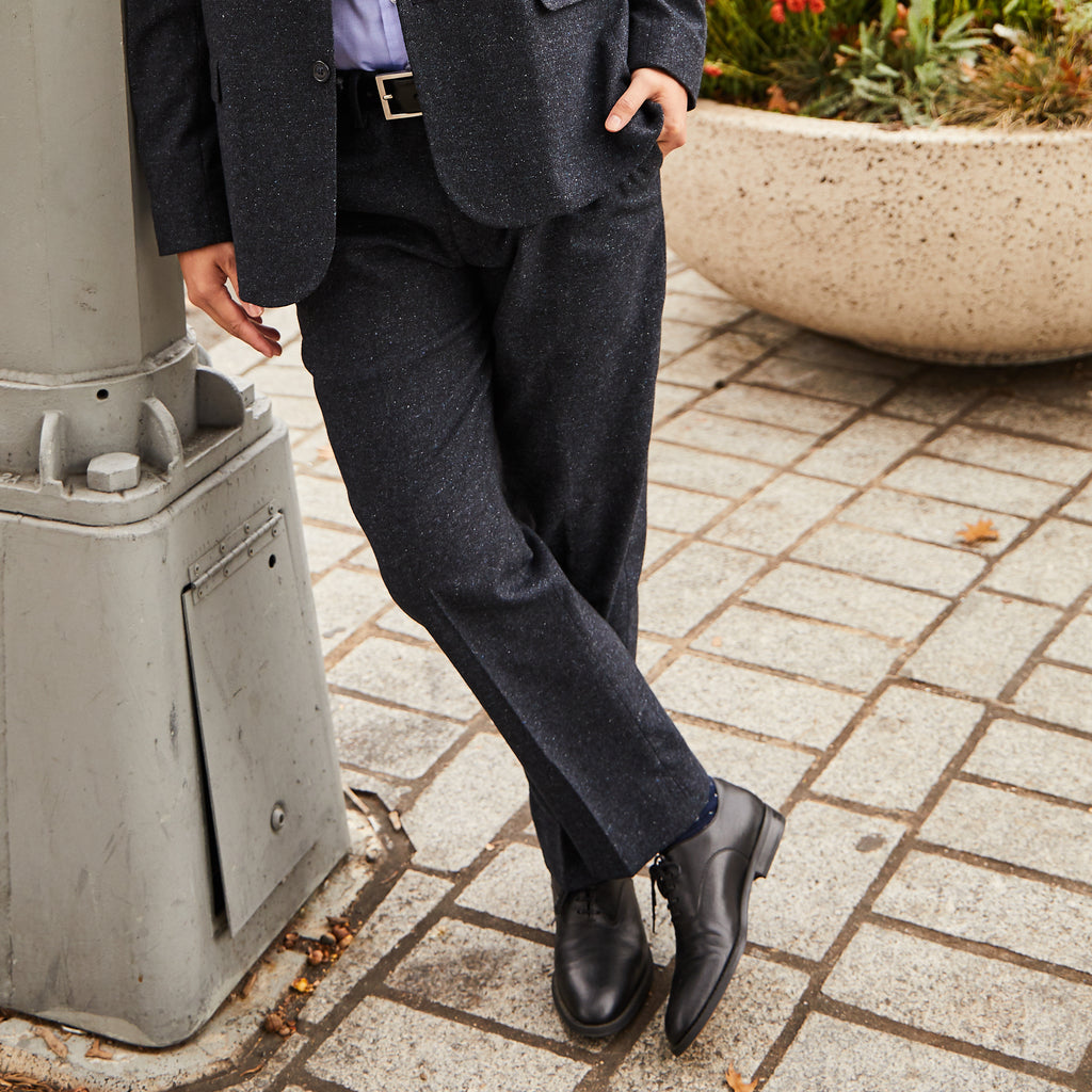 Androgynous navy pebble dress pants.  Color: Navy Pebble