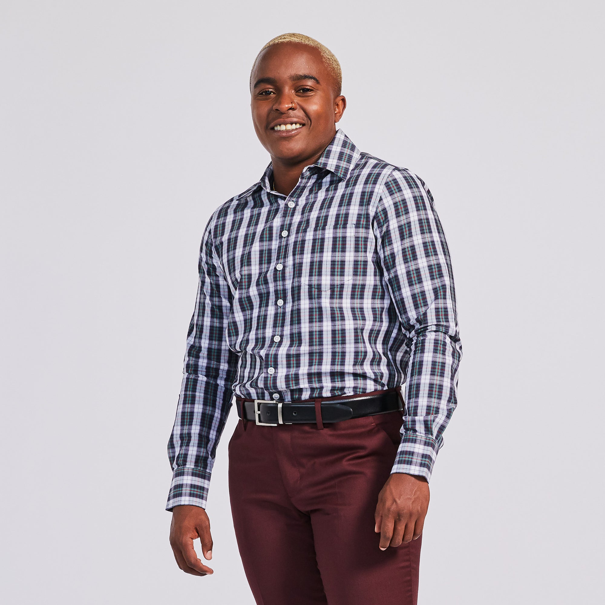 Plaid point color shirt in white green, and red/ Color: White/Green Plaid