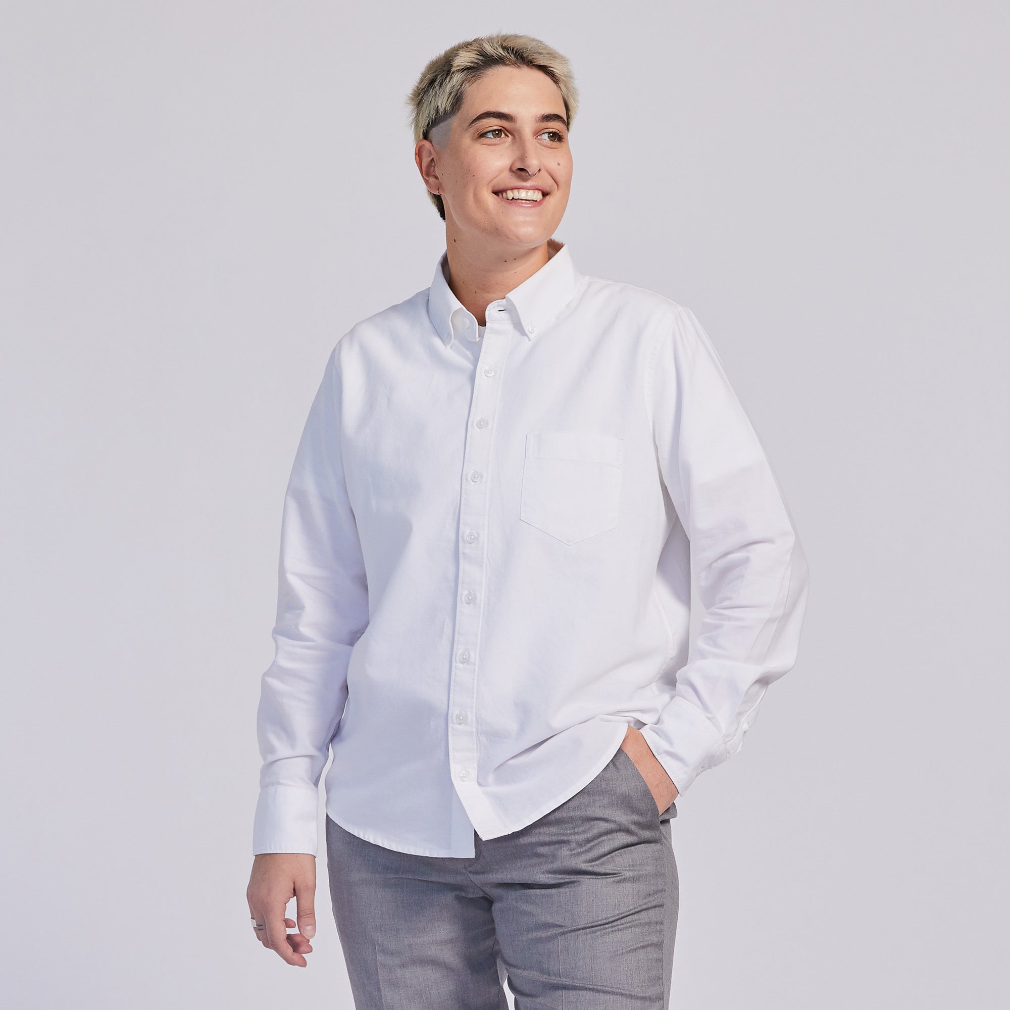 Women's white Oxford button down shirt. Color: White
