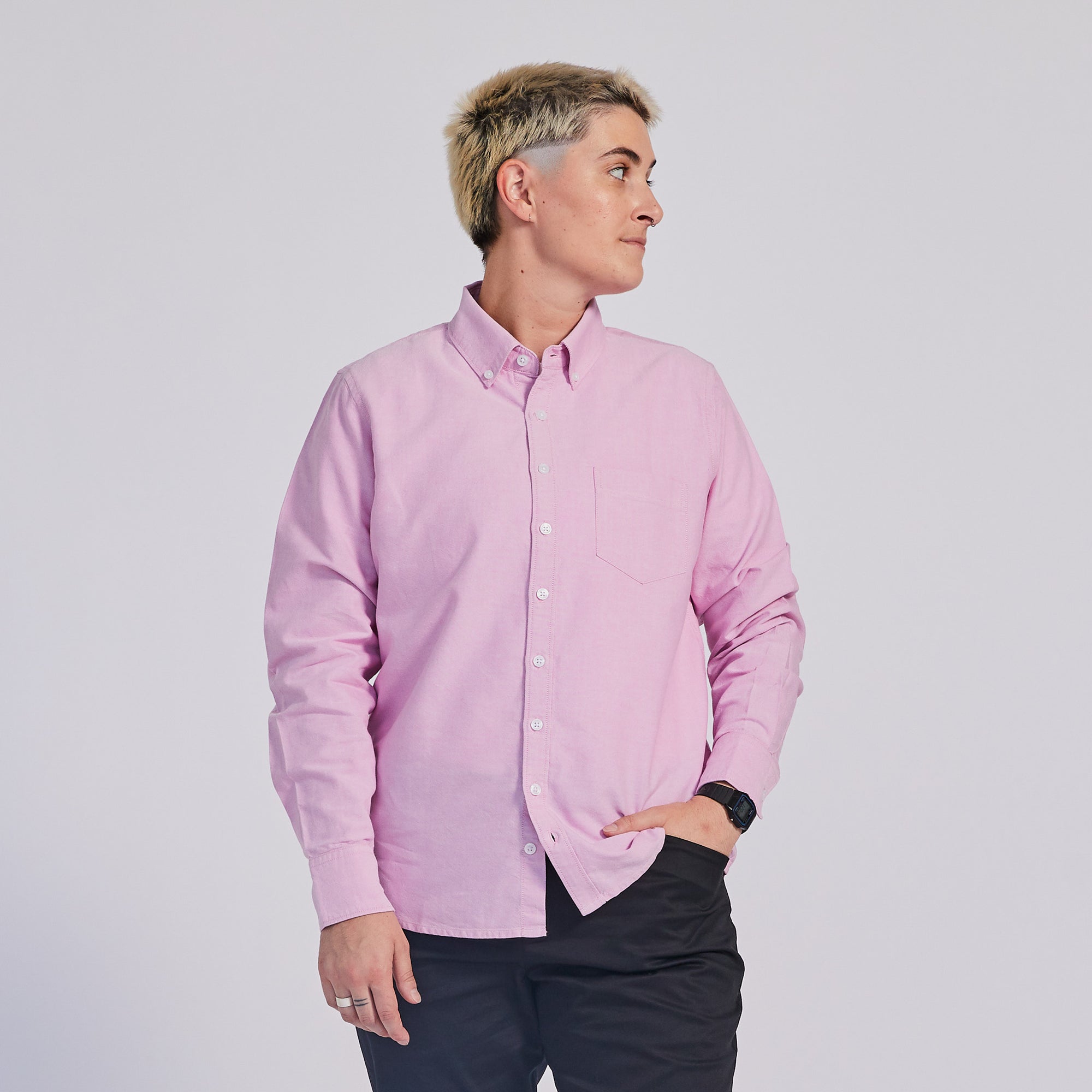 Pink Oxford shirt with button down collar for women, trans, and non-binary folks. Color: Pink