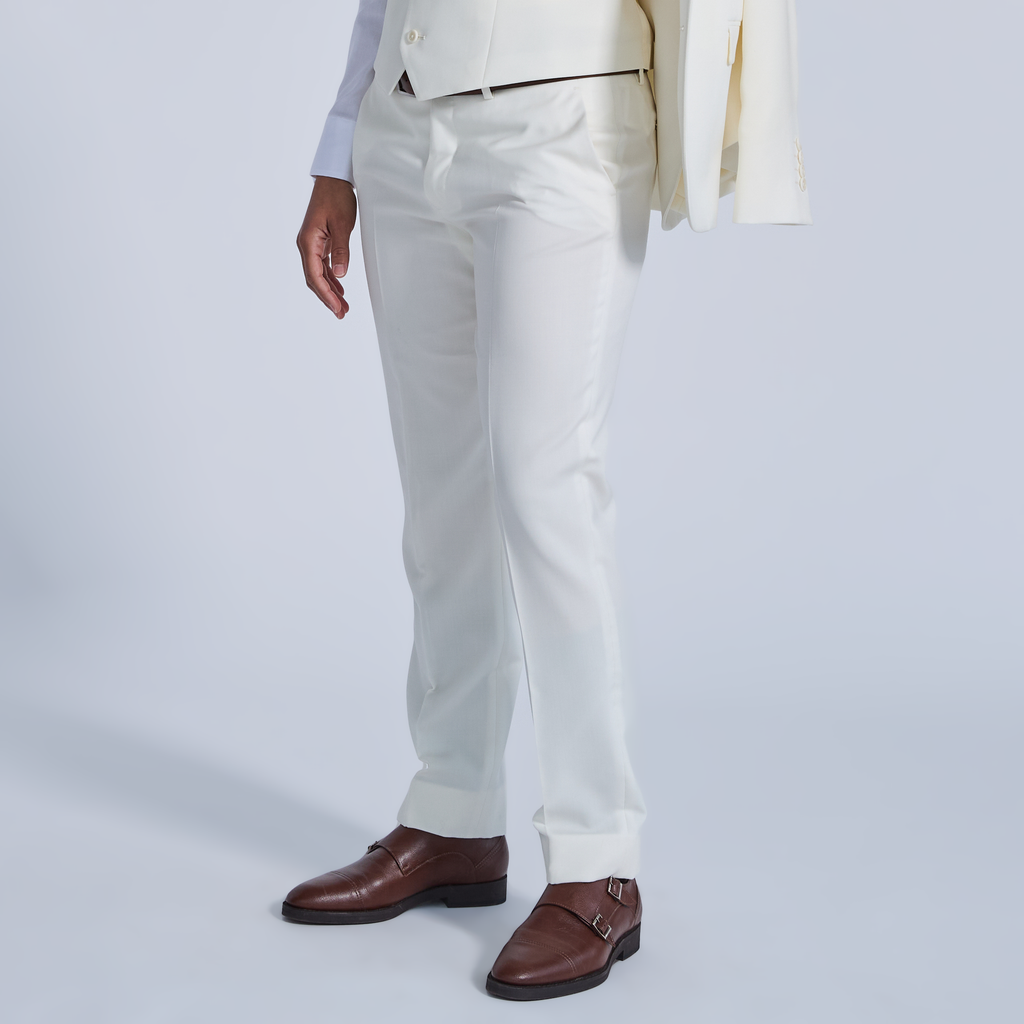 Georgie Ivory Dress Pants with brown dress shoes. Color: Ivory
