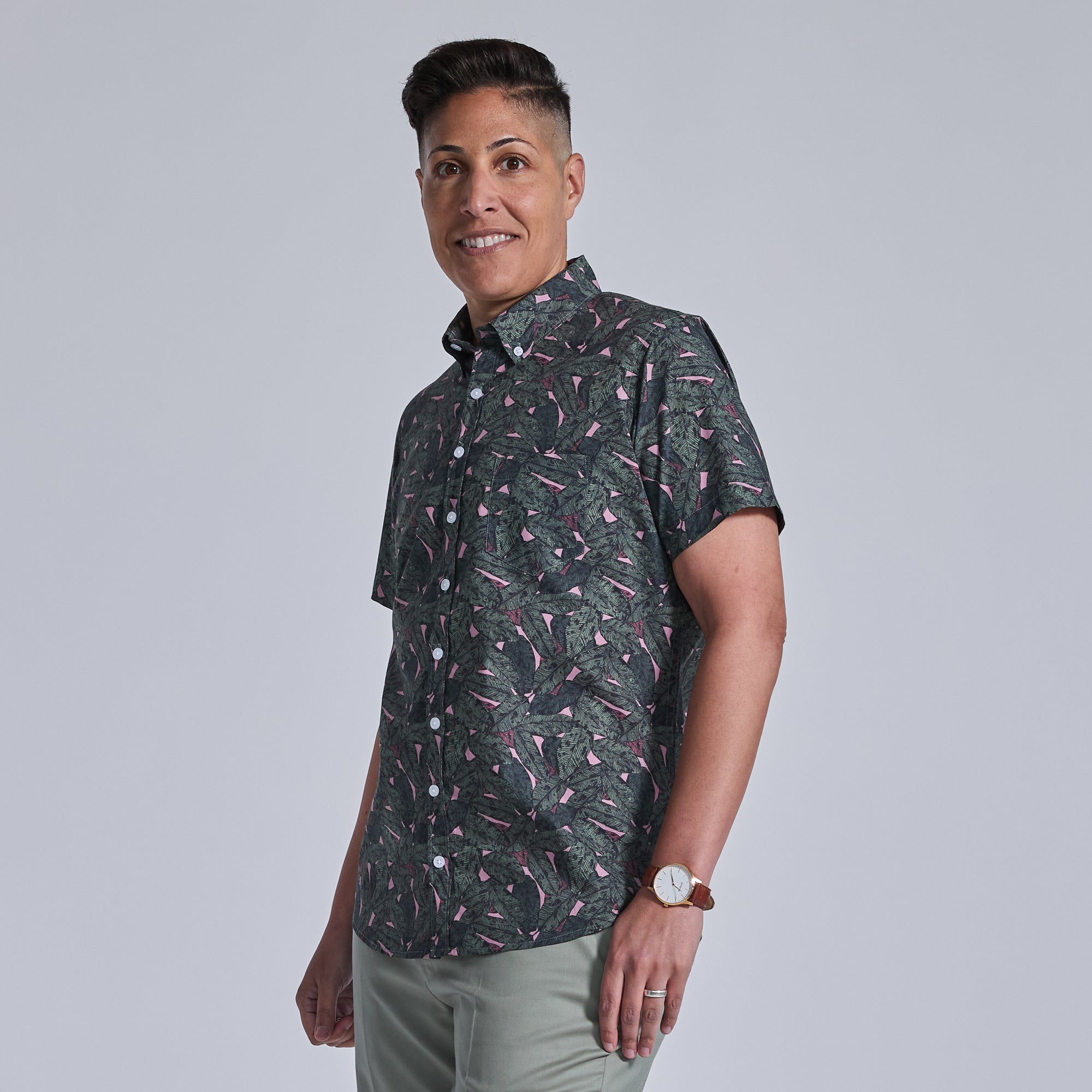 Short sleeve printed shirt with button down collar for women, trans, masc, and non-binary folk. Color: Banana Leaf
