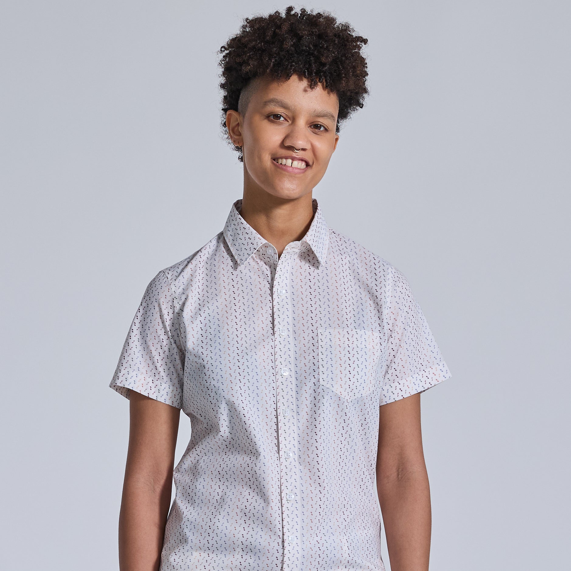 LGBTQ Confetti print short sleeve shirt by kirrin finch. Color: Confetti 