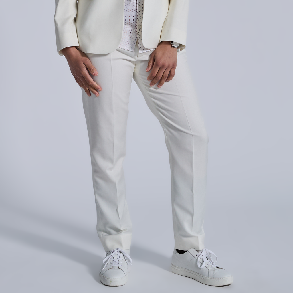 Ivory dress pants for women, trans, masc, and non-binary folk. Color: Ivory