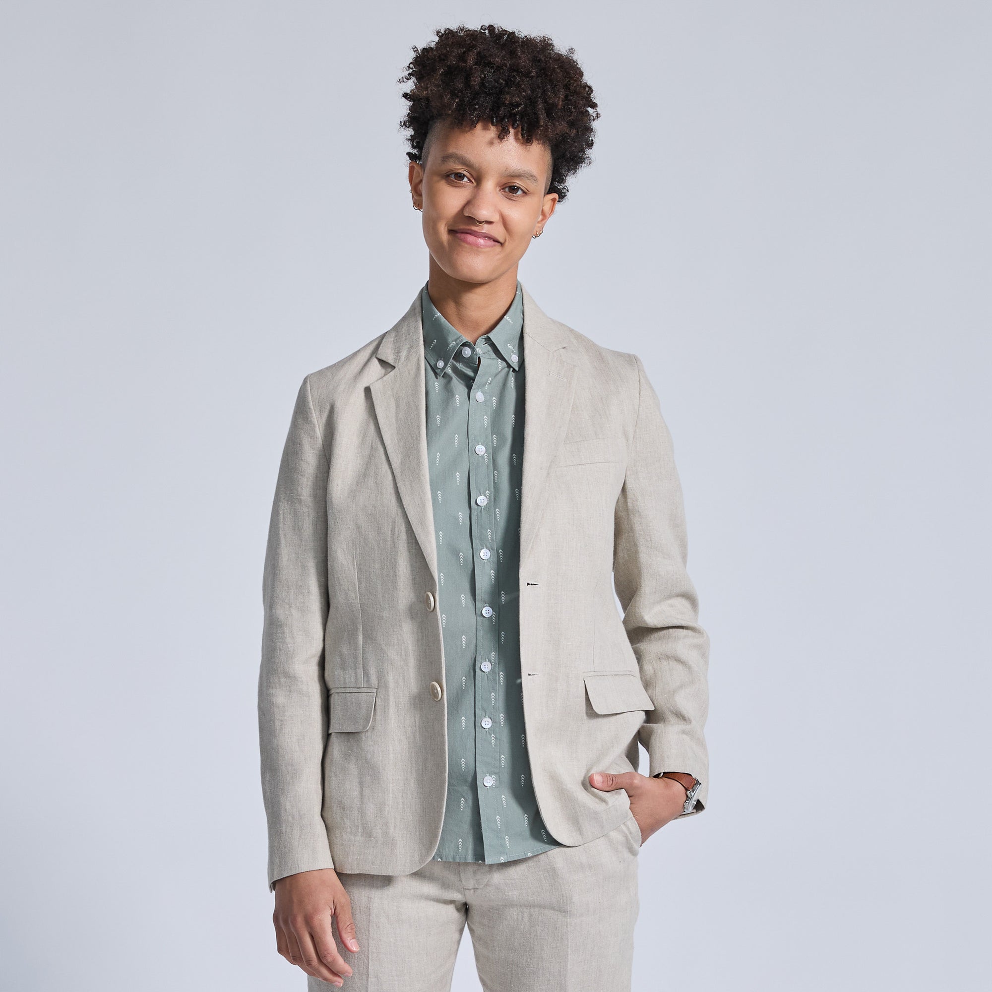 Summer Sand Linen Suit for women, trans, and non-binary folks. Color: Oat