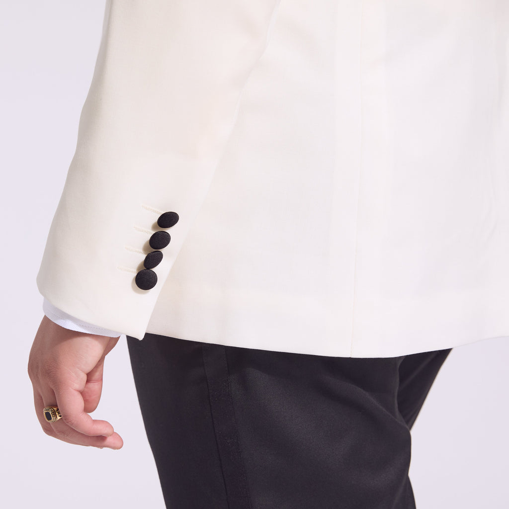 Satin details Ivory Tuxedo by Kirrin Finch. Color: Ivory