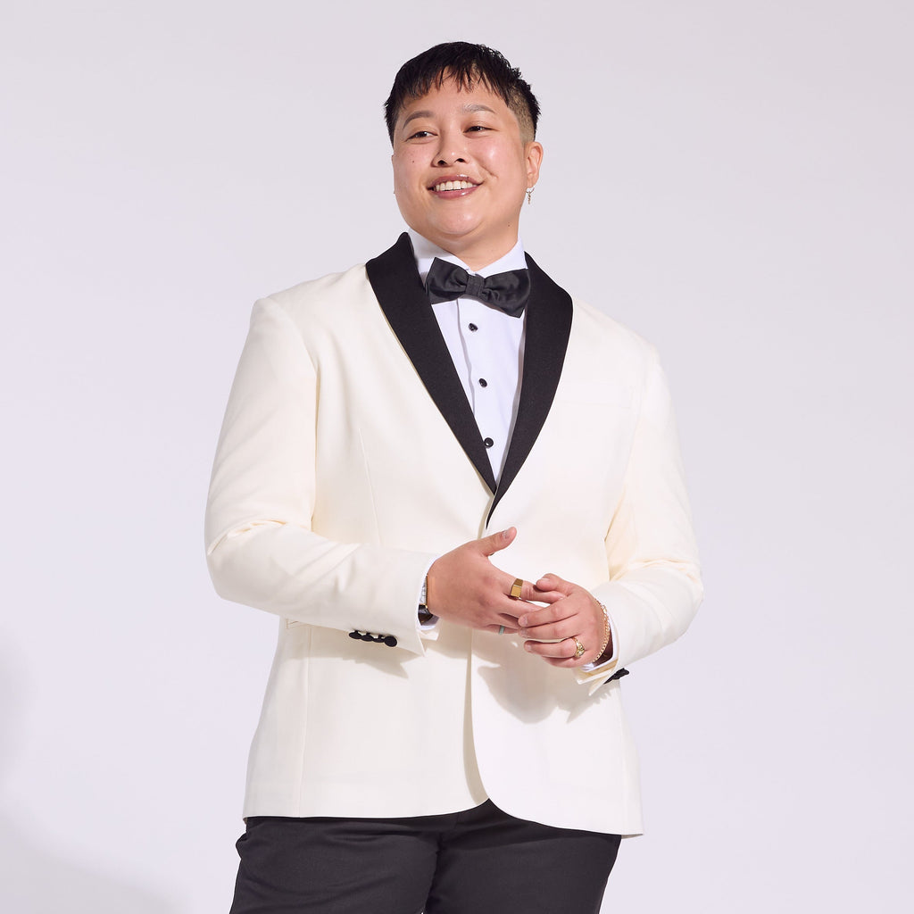 The Kirrin Tuxedo in Ivory with Black Satin Accents. Color: Ivory