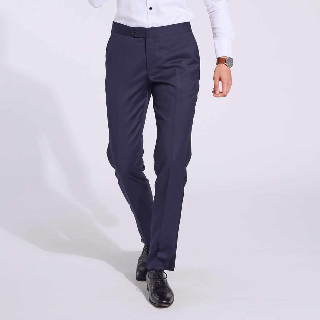 Midnight Tuxedo pants with suspender buttons. Color: Midnight