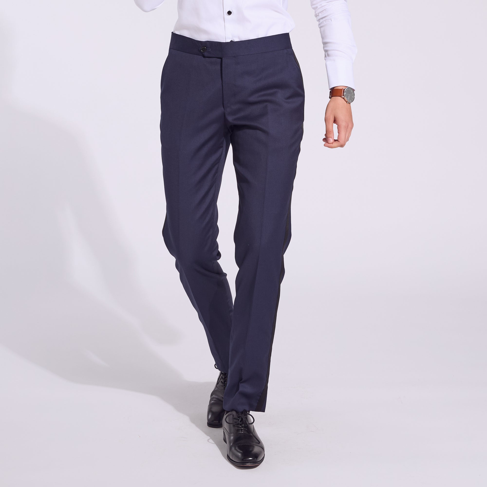 Midnight Tuxedo pants with suspender buttons. Color: Midnight