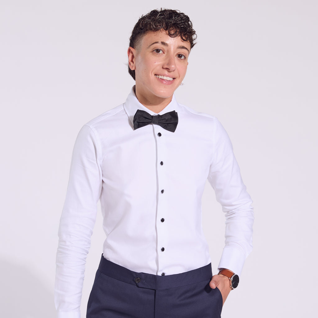 Women's white tuxedo shirt. Color: White Easy Care