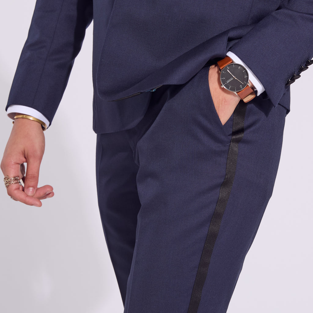 Midnight Navy Blue Tuxedo pants with deep pockets for women, trans, masc, and non-binary folks. Color: Midnight