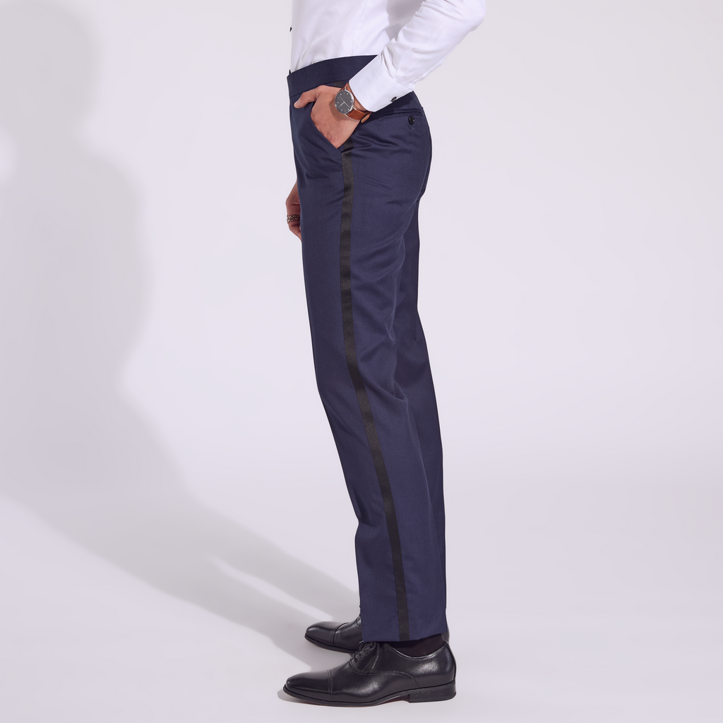 Navy Tuxedo pants with black satin stripe. Color: Midnight