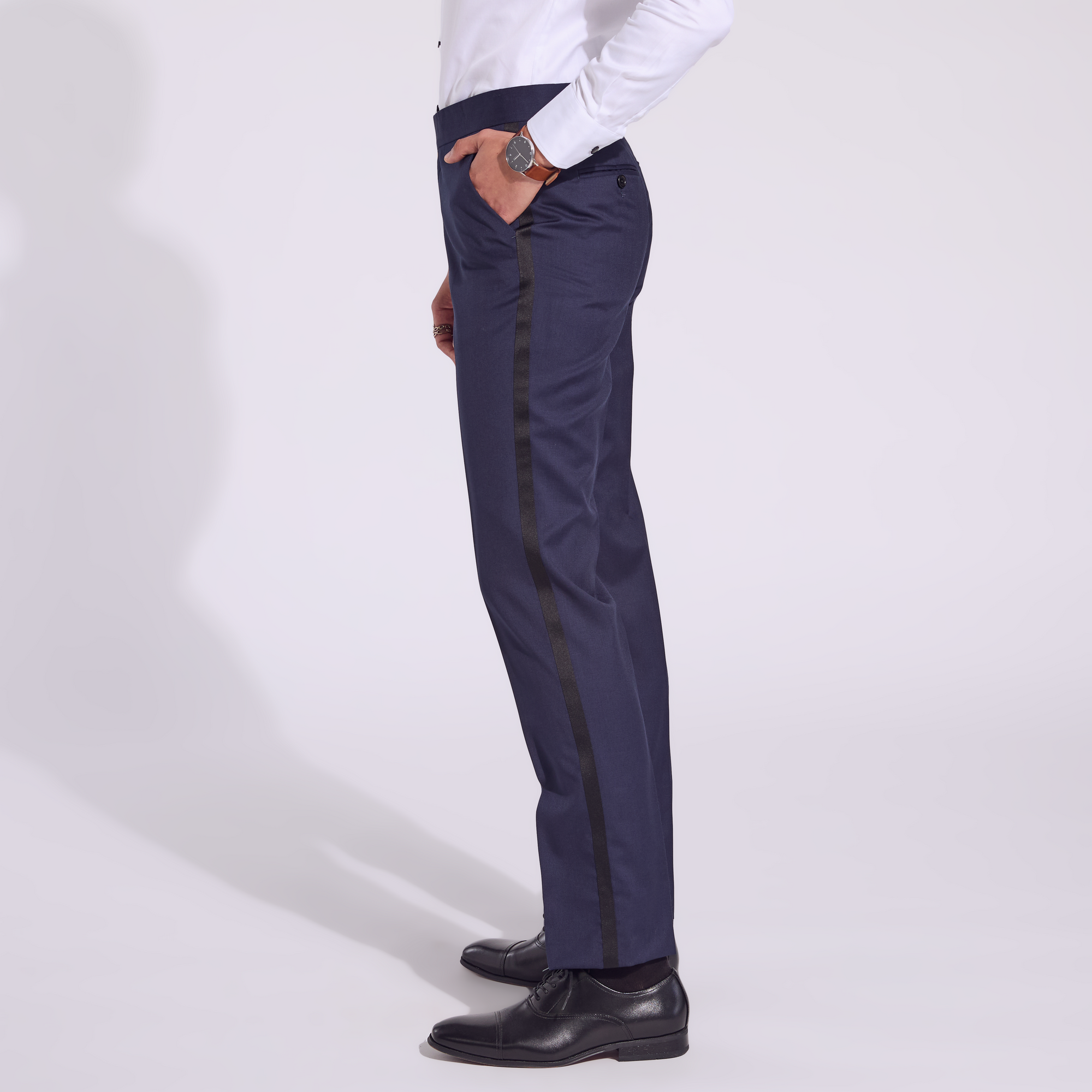 Navy Tuxedo pants with black satin stripe. Color: Midnight
