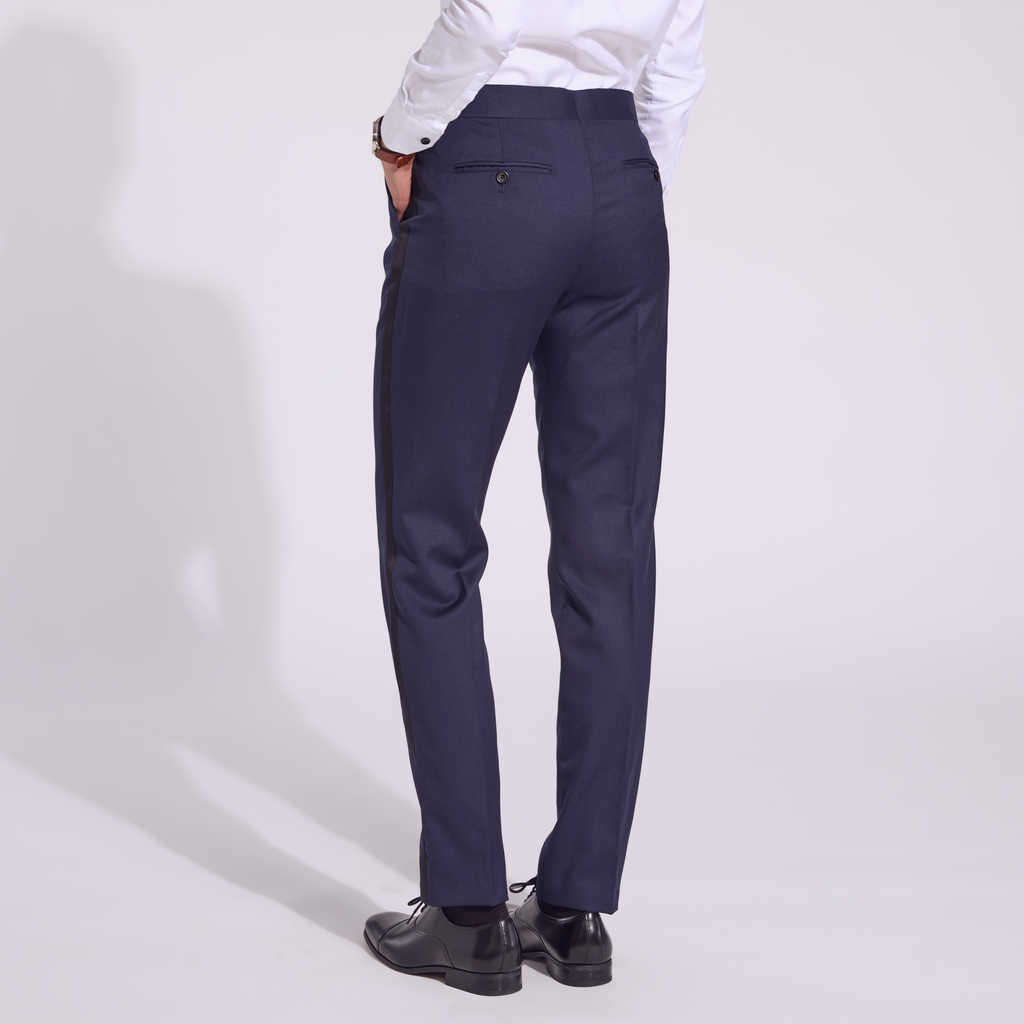 Midnight Tuxedo Pants with buttoned back pockets. Color: Midnight
