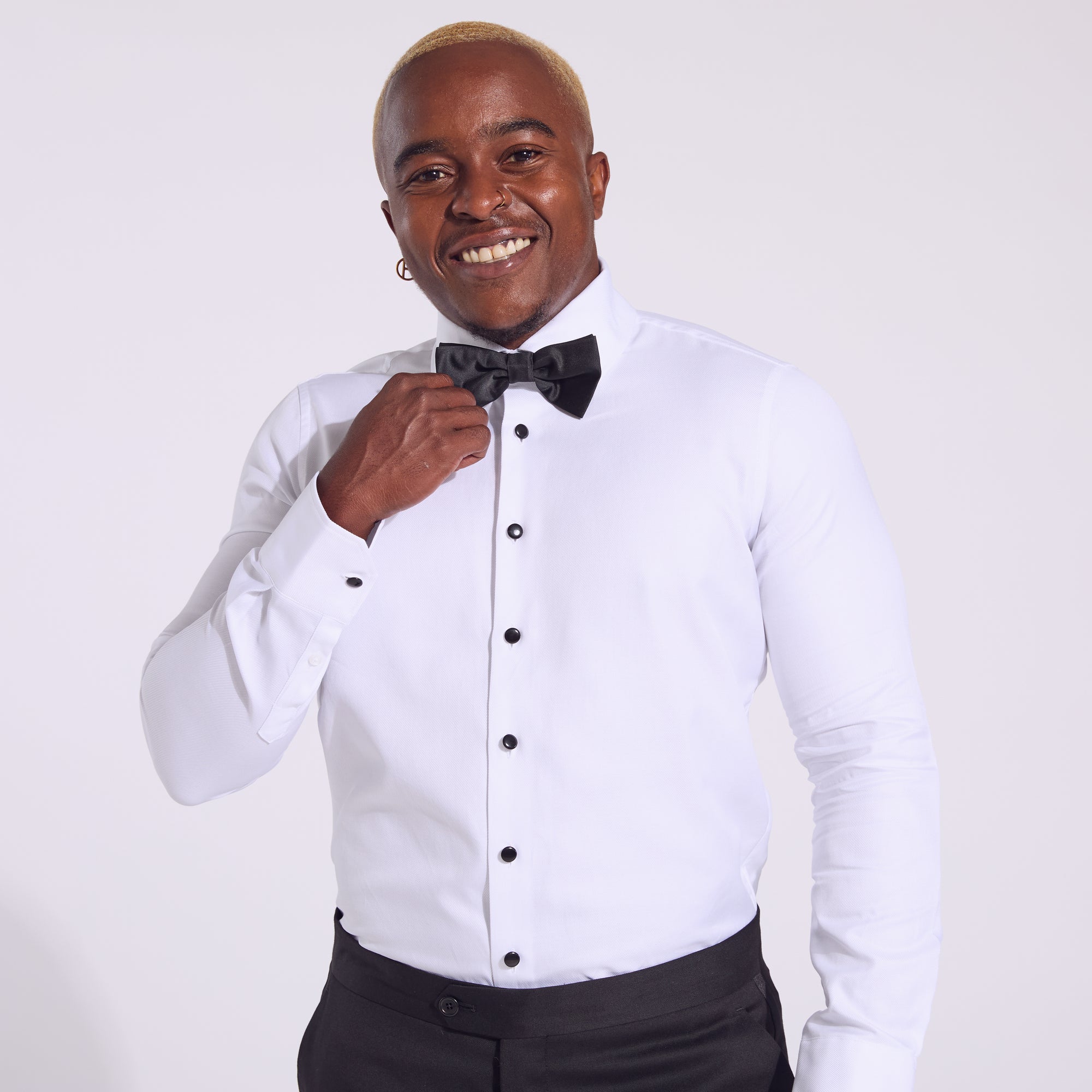 Tuxedo shirt with Black Stud Buttons by Kirrin Finch. Color: White