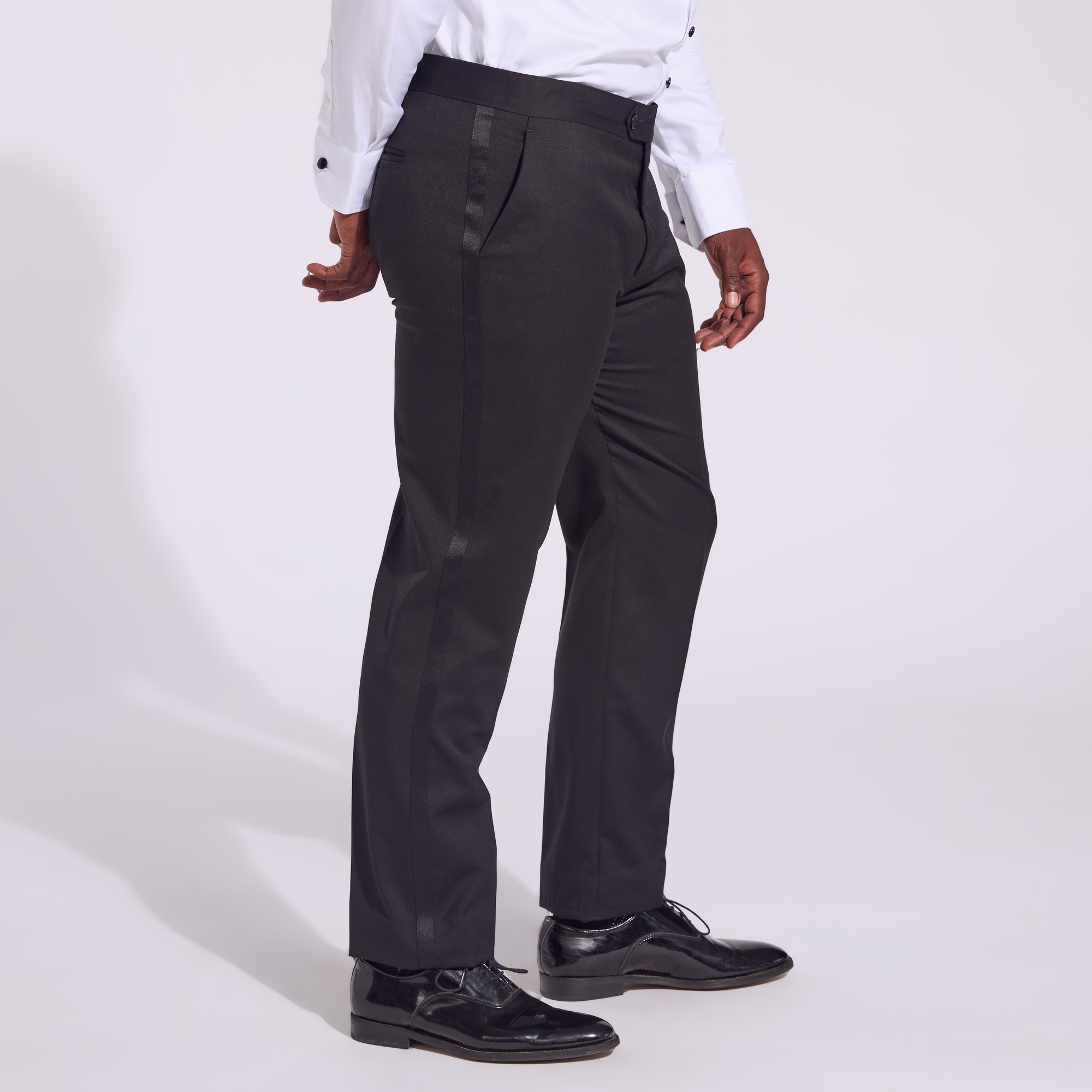 Satin Strip on Black Tuxedo Dress Pants. Color: Noir
