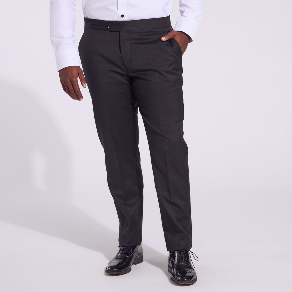 Masc model in black noir tuxedo pants. Color: Noir
