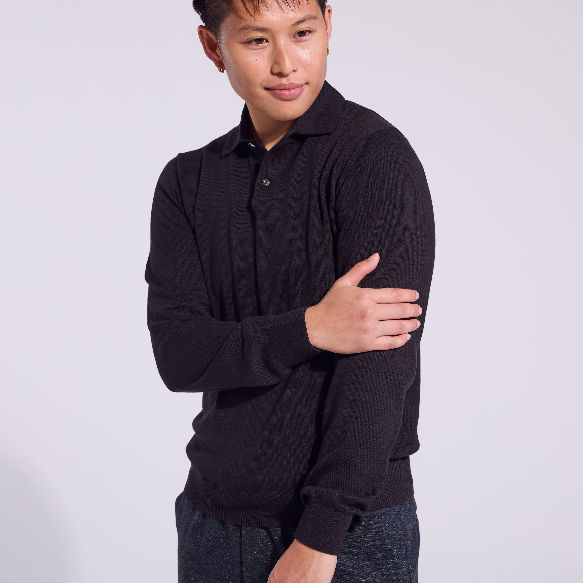 Black long sleeve polo sweater made by Kirrin Finch Color: Black