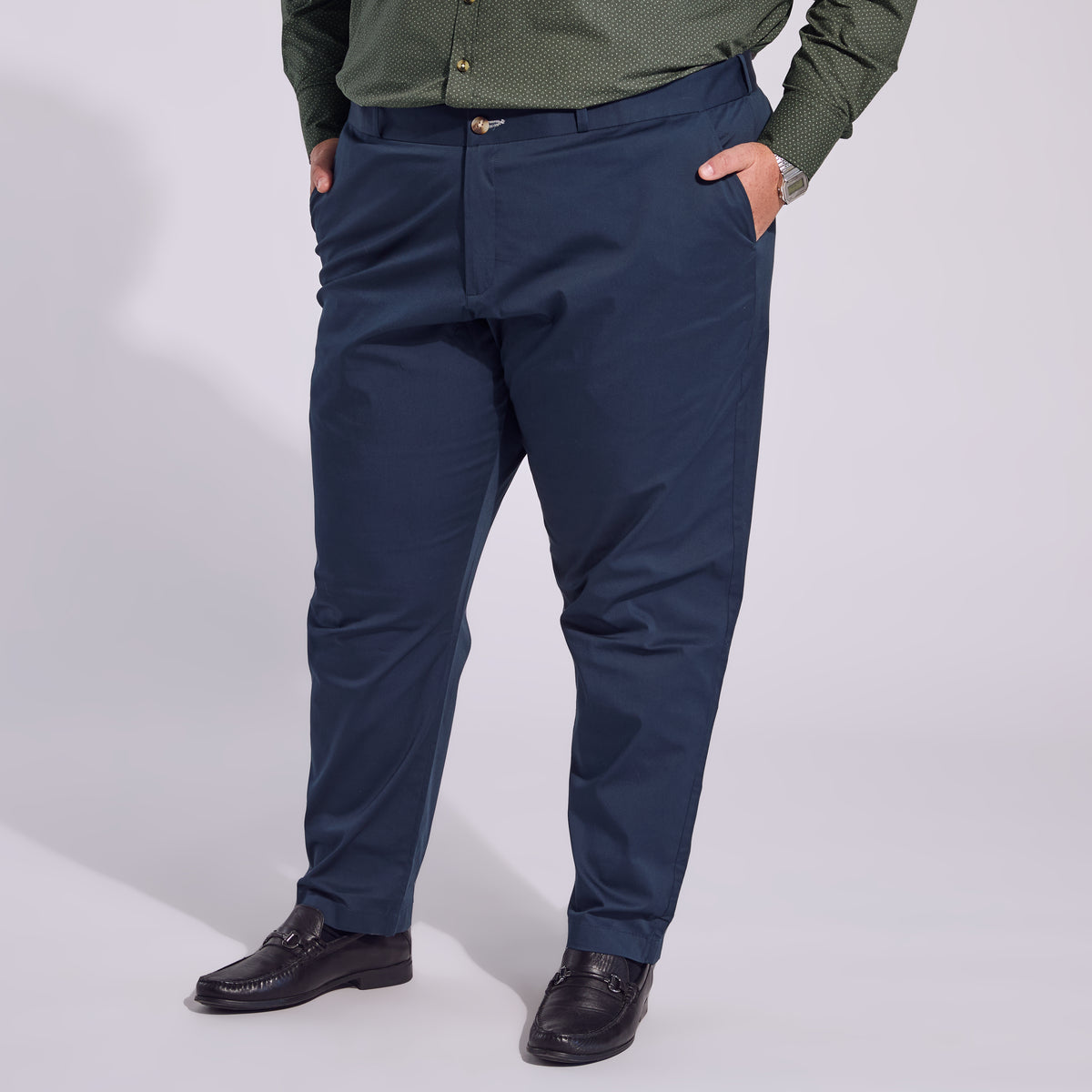 Navy chinos made for women, trans, masc and non-binary folk. Color: Navy