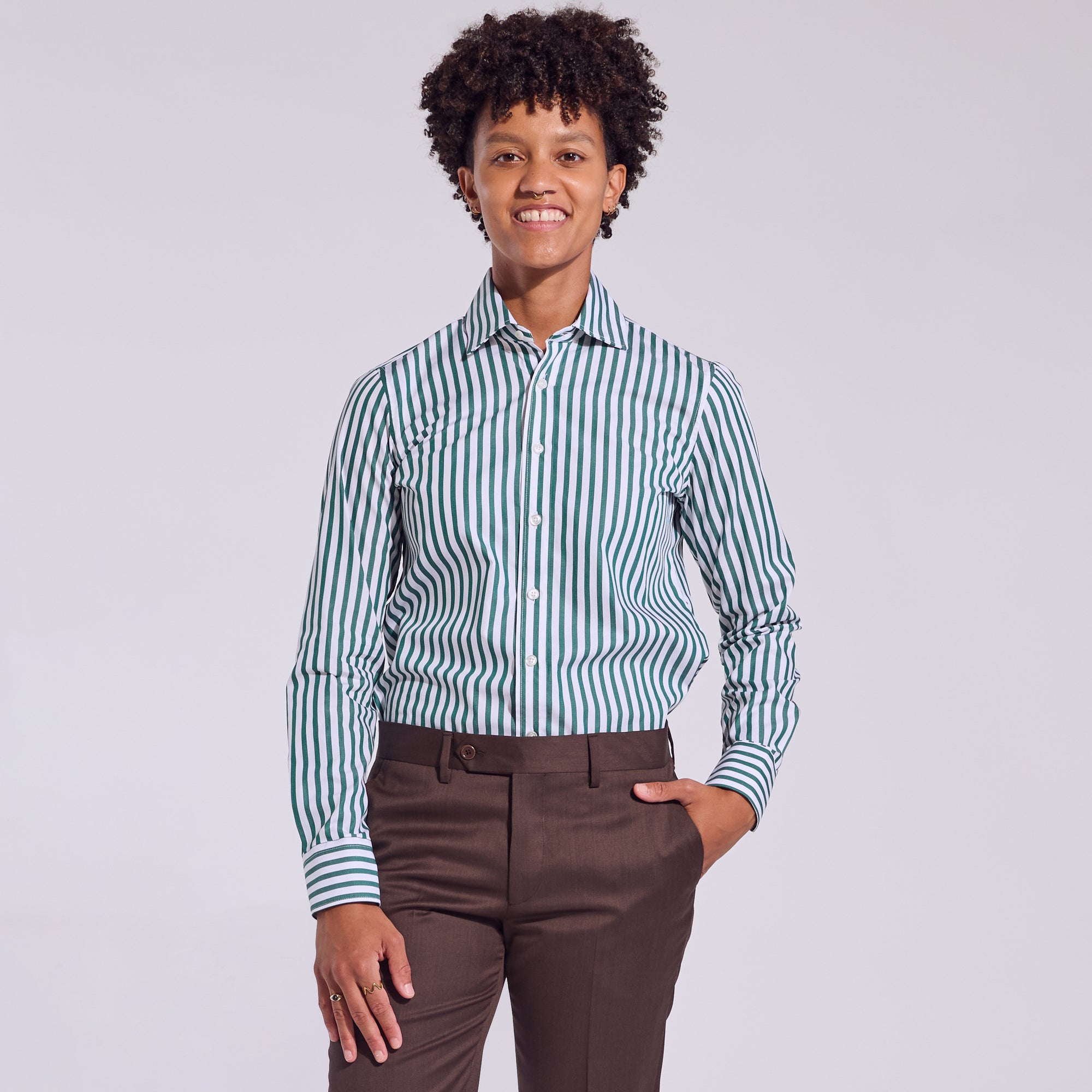 Androgynous Dress Shirt in Bengal Green Stripe. Color: Green Bengal Stripe