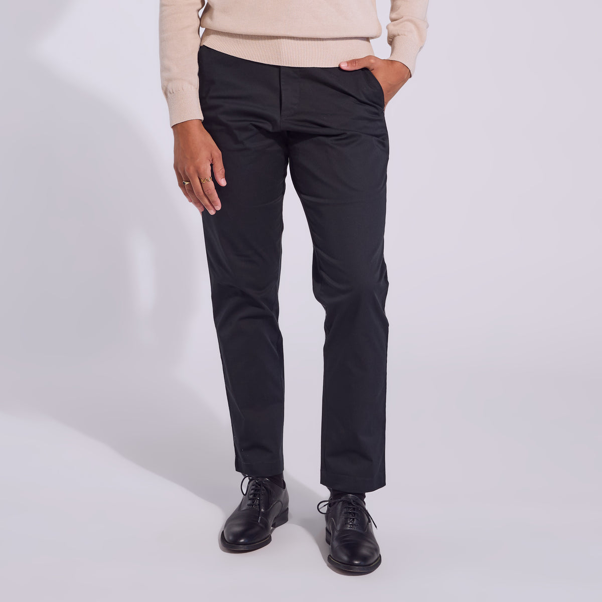 Black chinos made for women, trans, masc, and non-binary folk. Color: Black