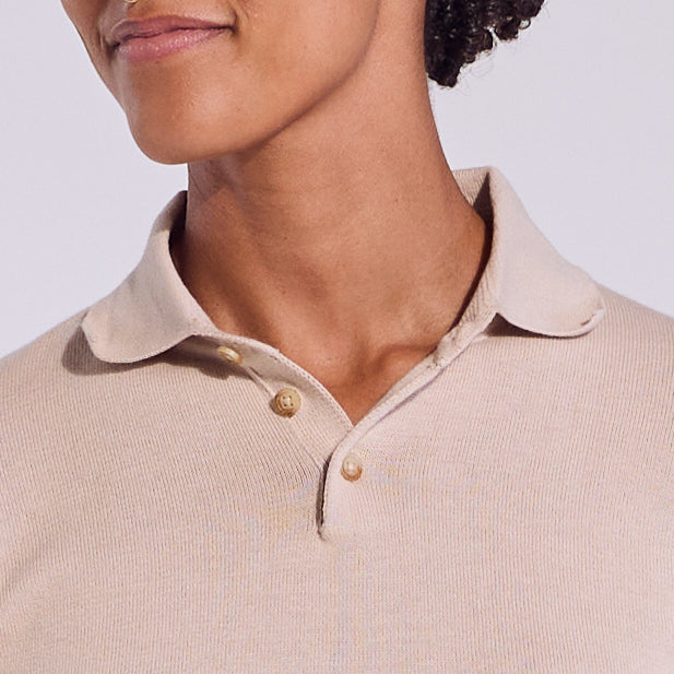 Womens long sleeve polo sweater. Color: Cream