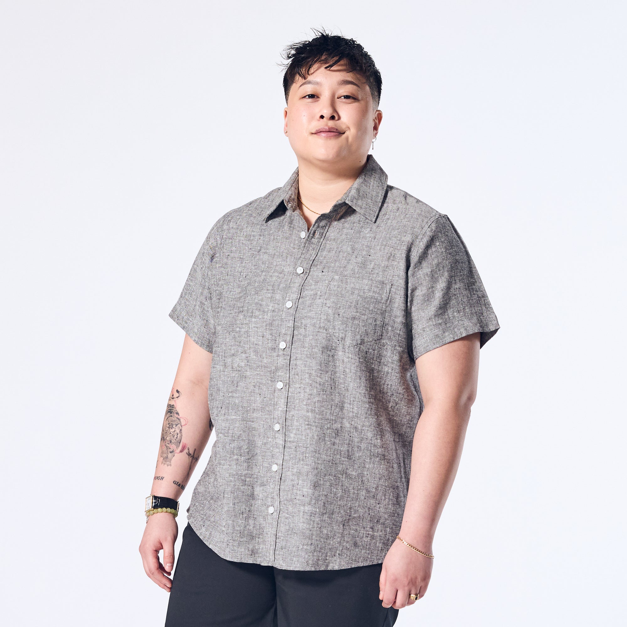 Ash Gray Linen Shirt made for women, trans, masc, and non-binary folk. Color: Ash Gray