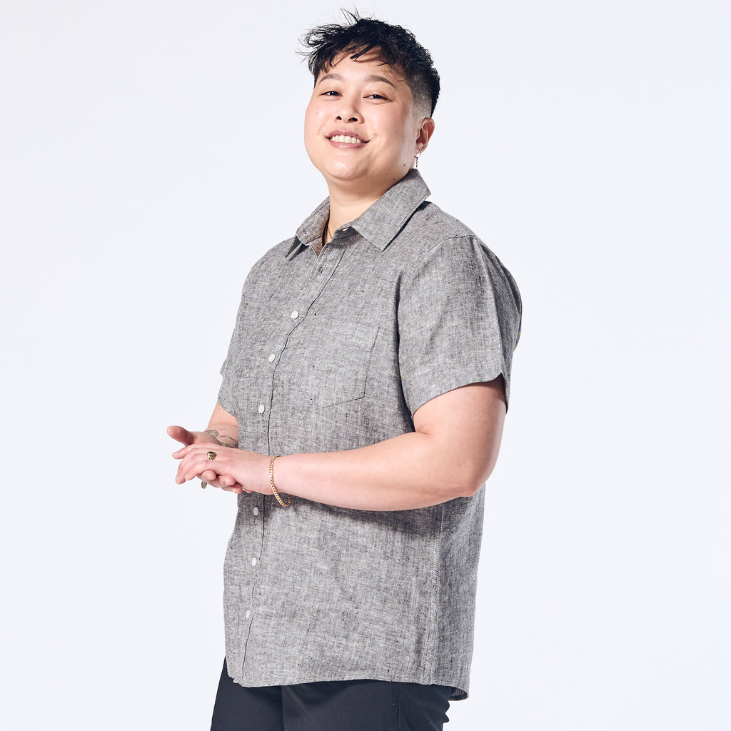 Model wearing Ash Gray Linen Shirt made by Kirrin Finch. Color: Ash Gray