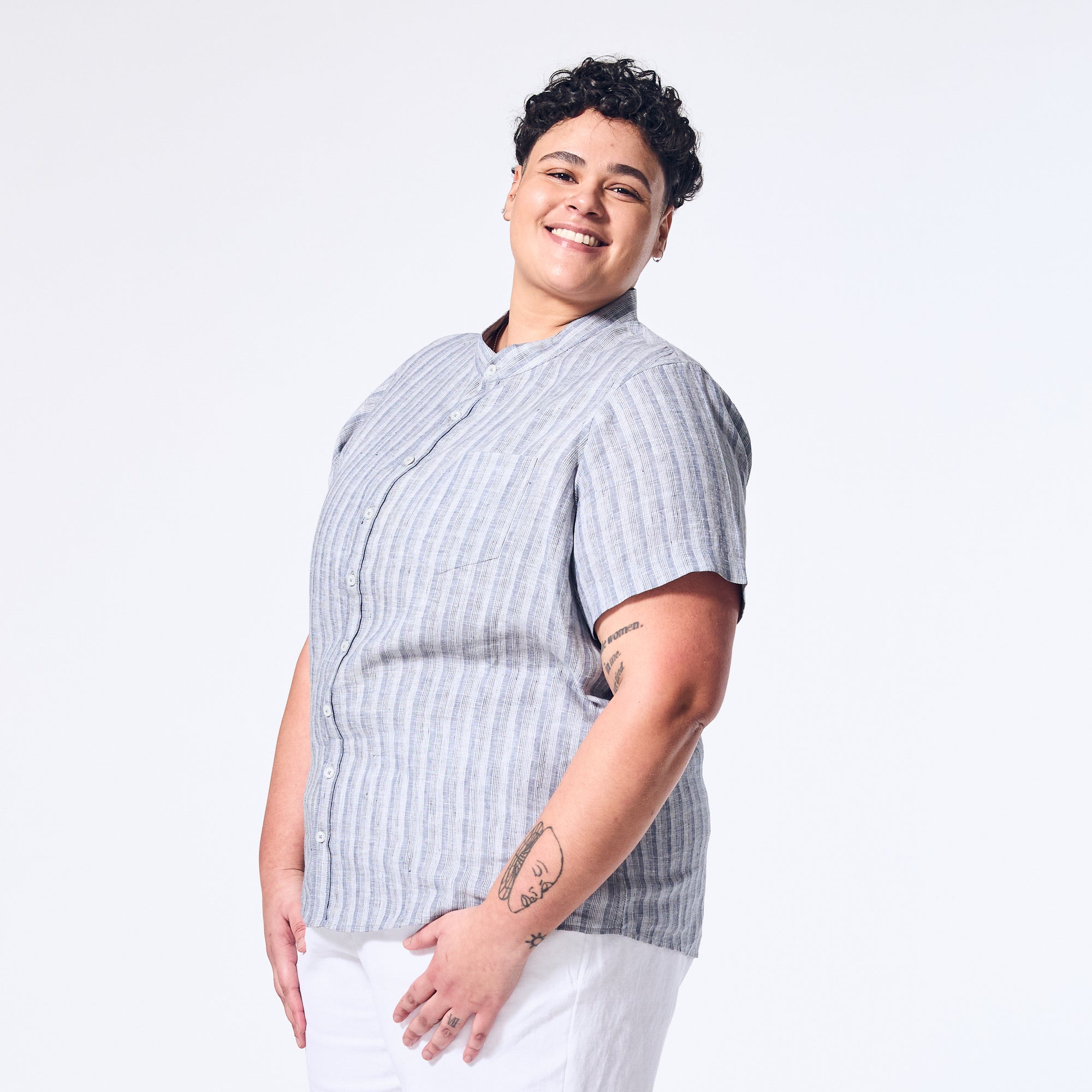 Coastal Blue Linen Shirt made for women, trans, masc, and non-binary folk. Color: Coastal Blue
