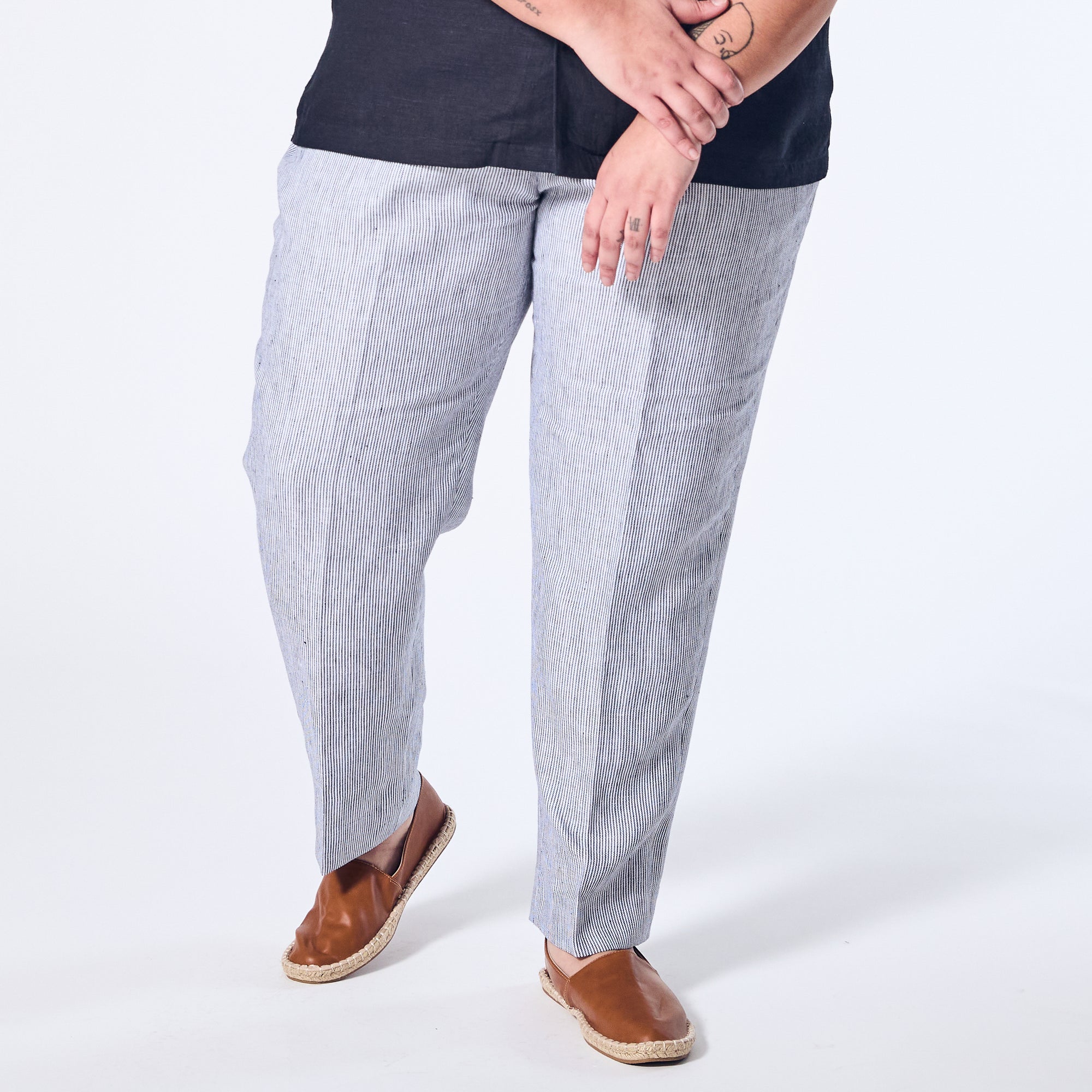 Women's Blue Stripe linen dress pants with flexi-waist. Color: Hampton Blue Striped