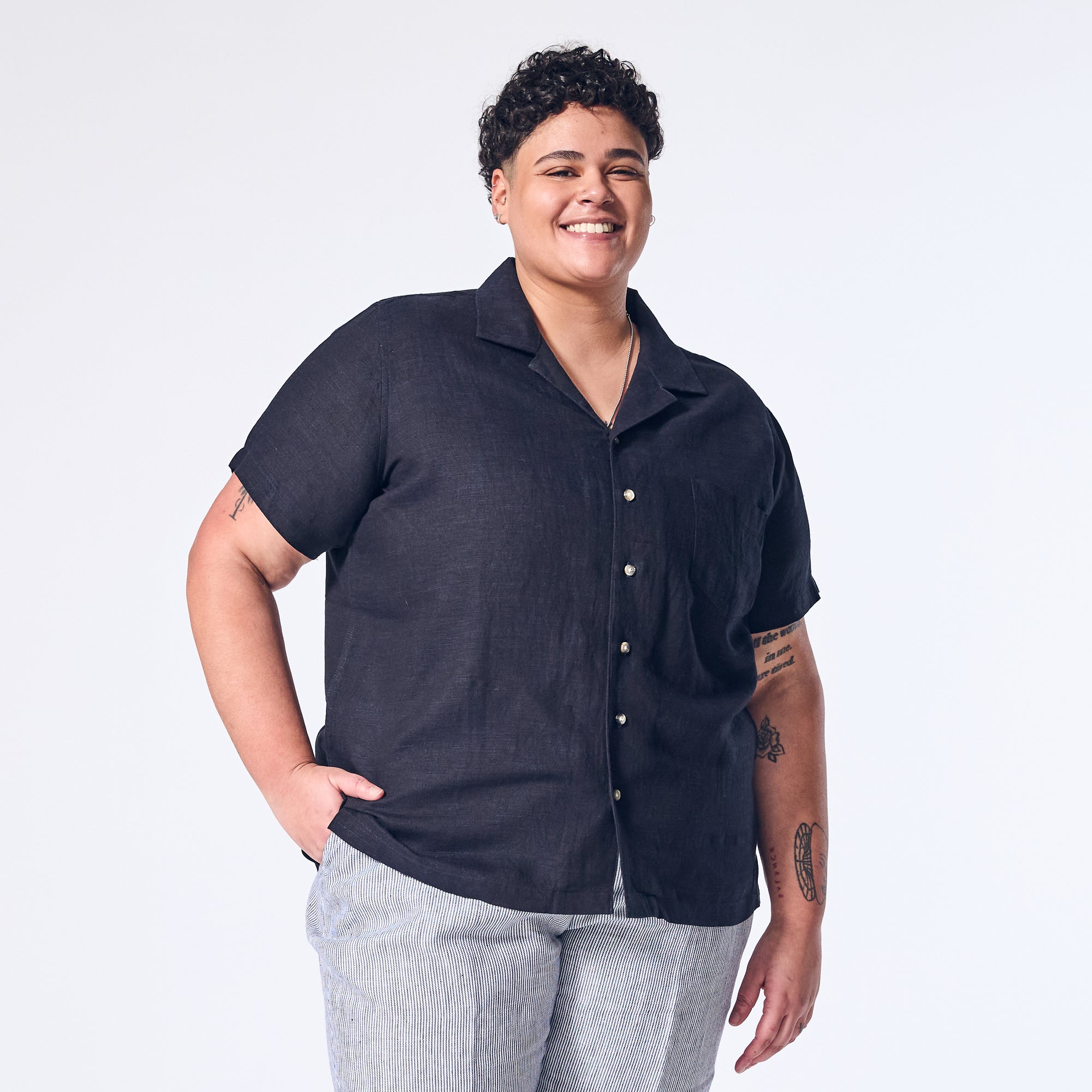 Androgynous Marine Linen Camp Shirt. Color: Marine