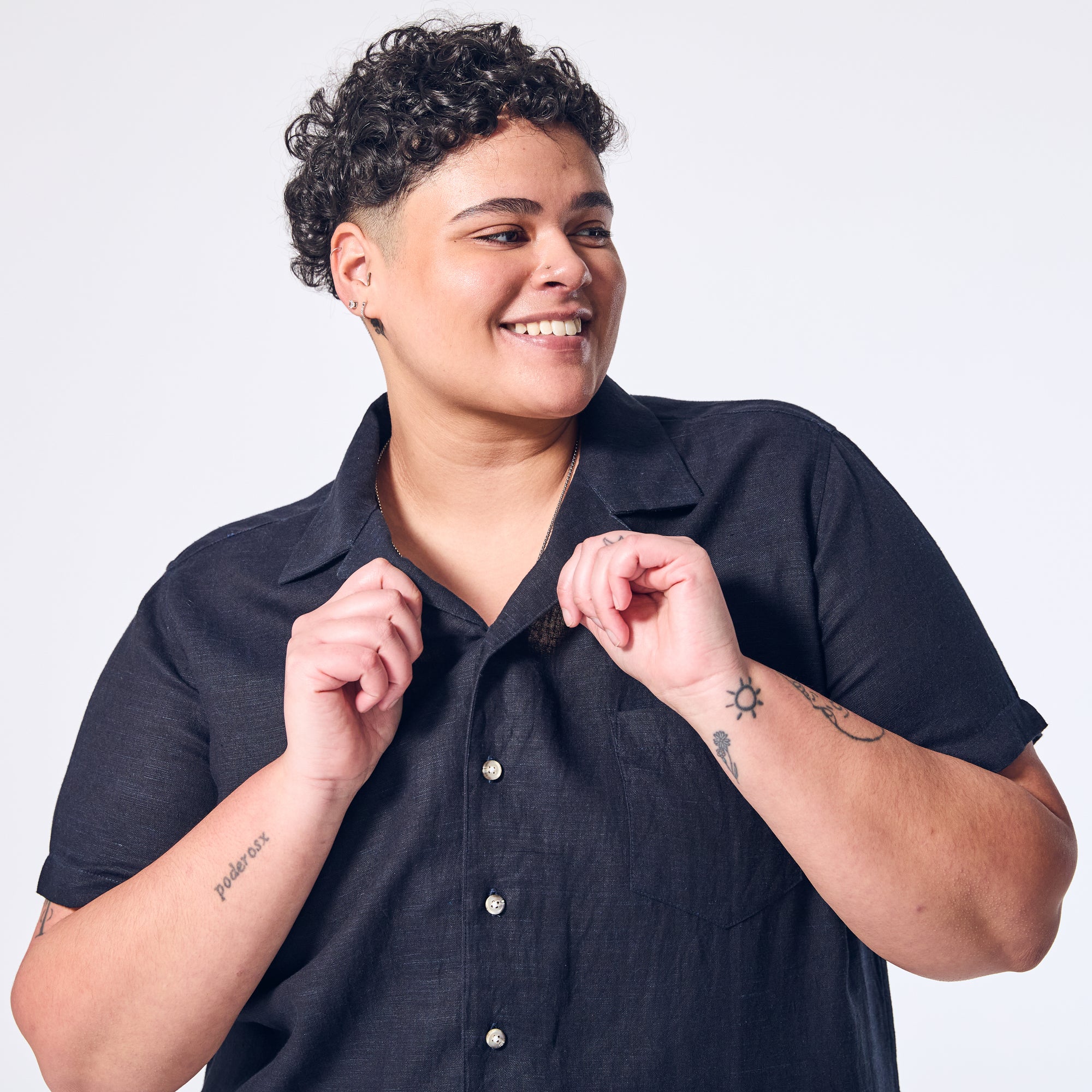 Marine Linen Camp Shirt made for women, trans, masc, and non-binary folk. Color: Marine