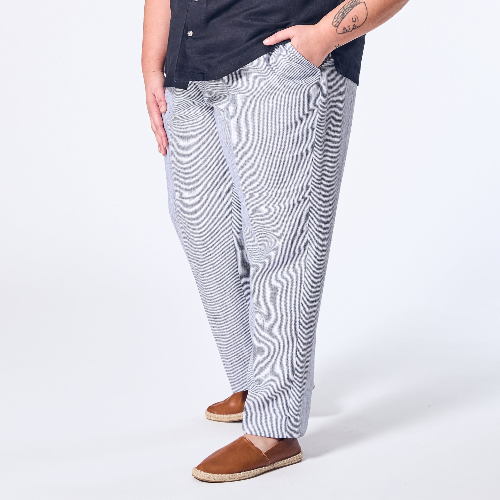 Androgynous Blue Stripe linen dress pants. Color: Hampton Blue Striped