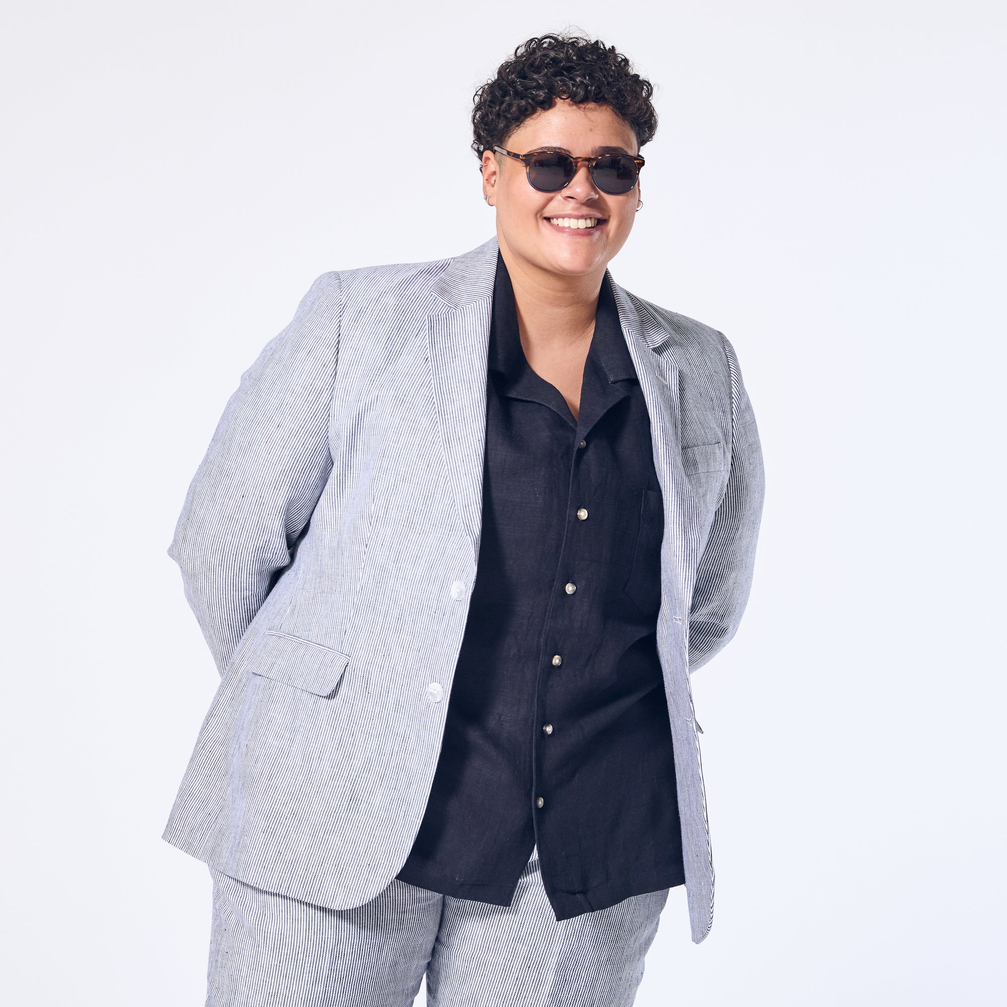 Hampton Blue Stripe Linen blazer made for women, trans, masc, and non-binary folk. Color: Hampton Blue Striped