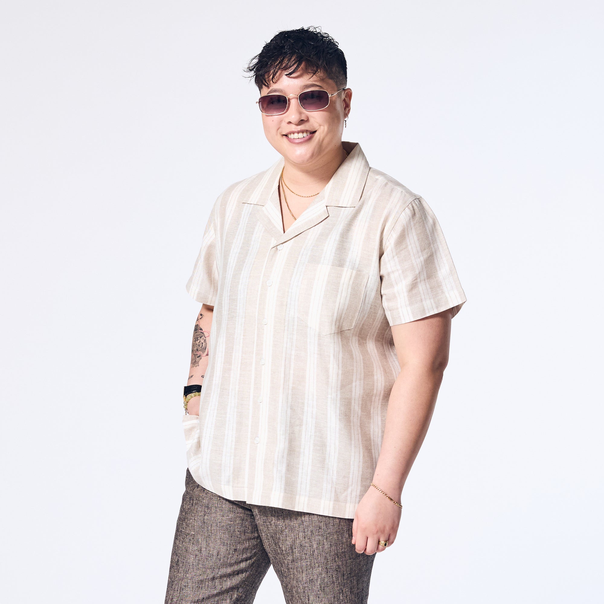 Sand Wide Stripe Linen Camp Shirt made for women, trans, masc, and non-binary folk. Color: Sand Wide Stripe