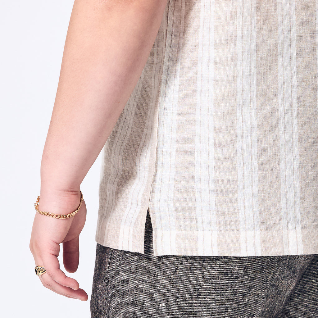 Womens Sand Wide Stripe Linen Camp Shirt. Color: Sand Wide Stripe