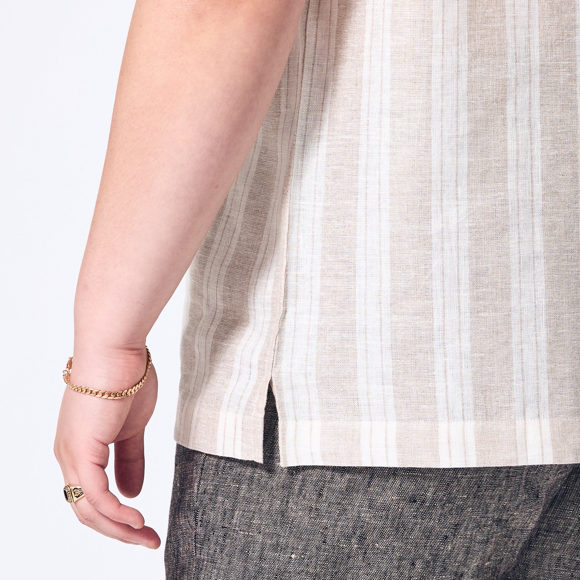 Womens Sand Wide Stripe Linen Camp Shirt. Color: Sand Wide Stripe