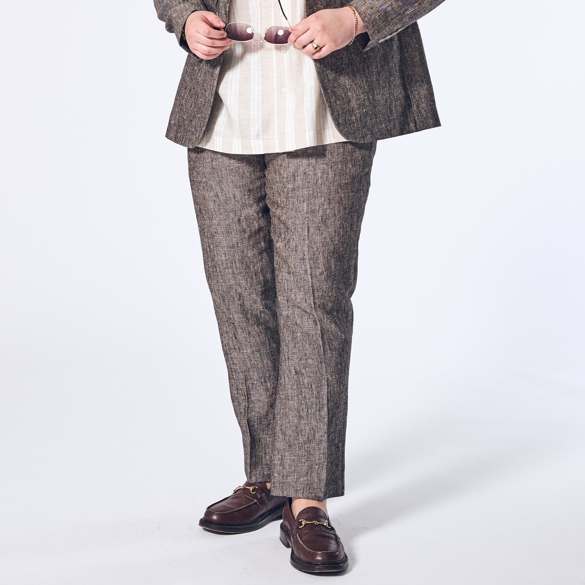 Driftwood linen dress pants made for women, trans, masc, and non-binary folk. Color: Driftwood