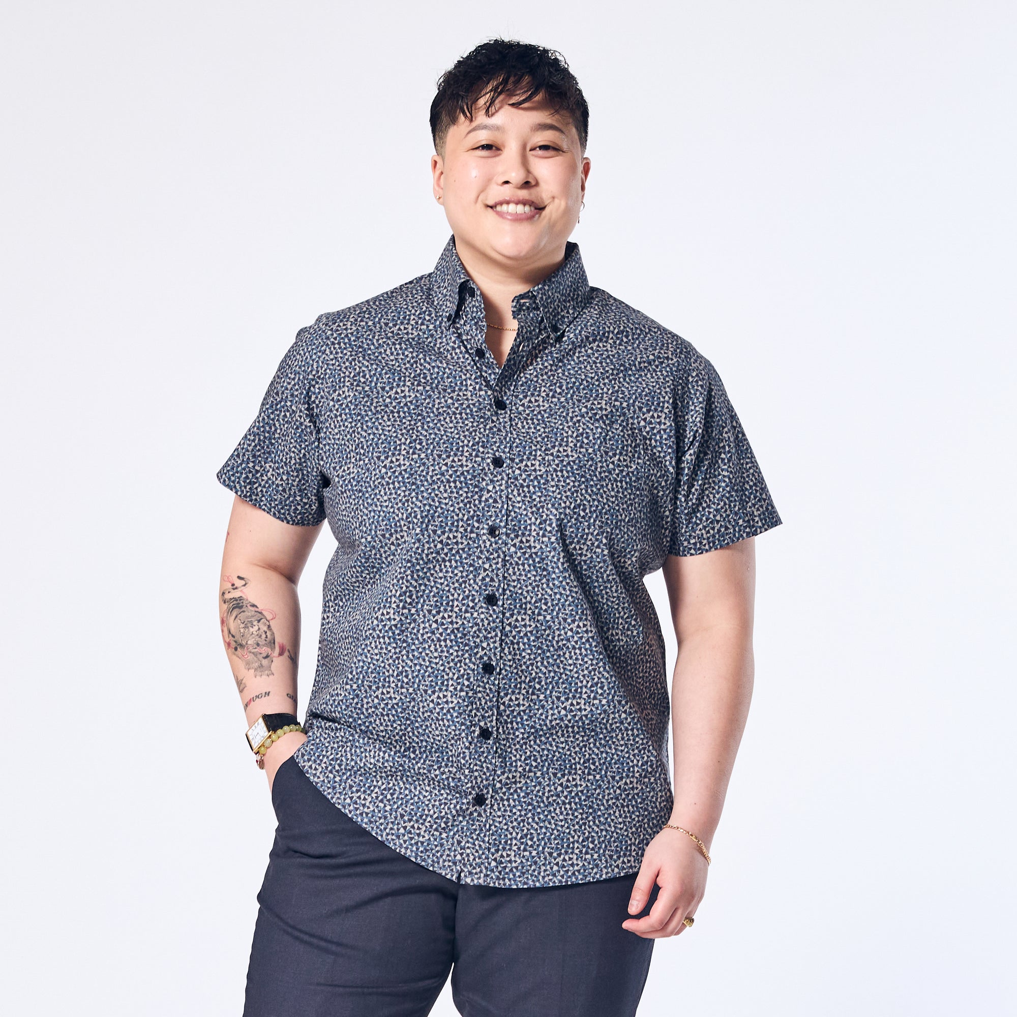 Navy short sleeve button up shirt made for women, trans, masc, and non-binary folk. Color: Tri-Fusion