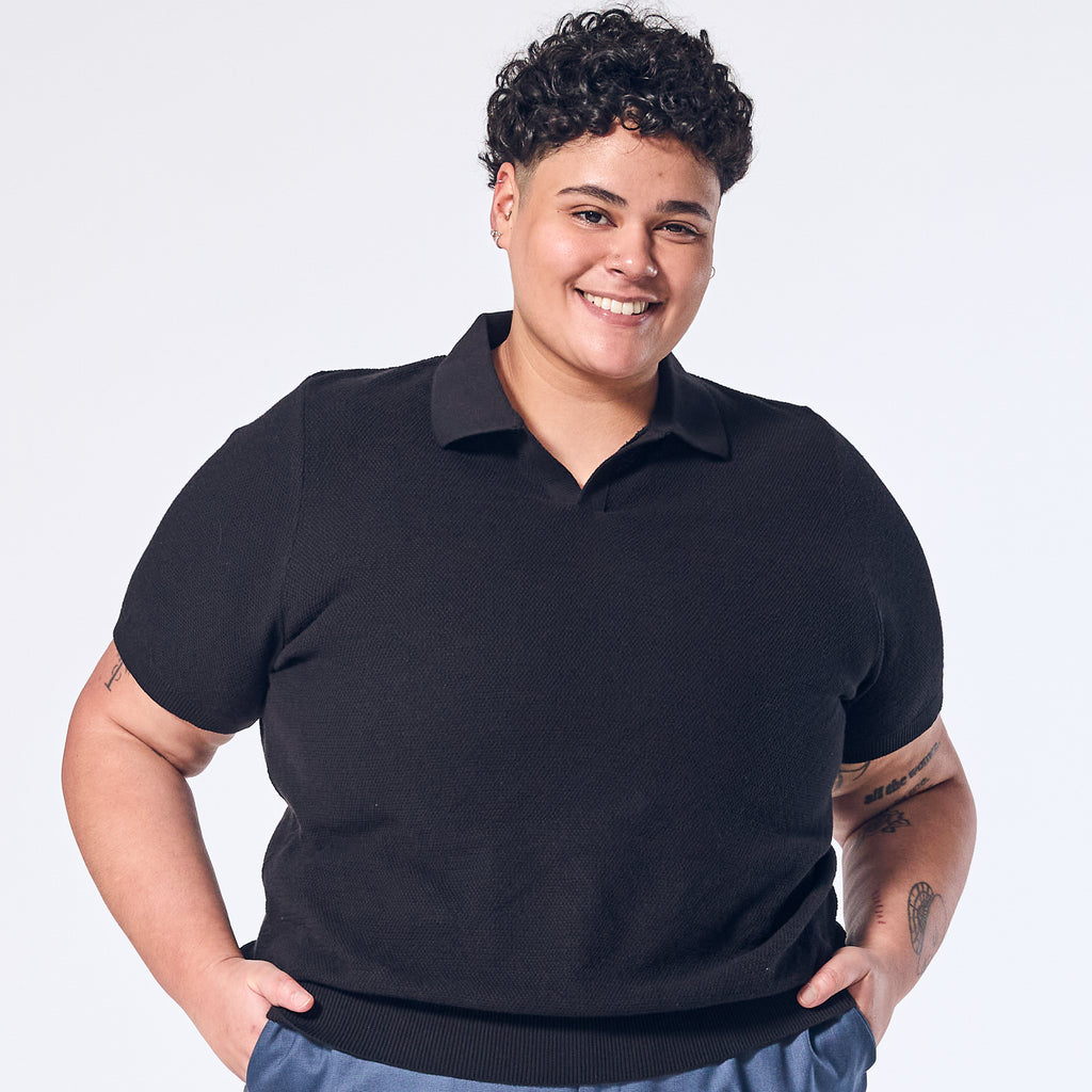 Carbon Johnny Collar Polo made for women, trans, masc, and non-binary folk. Color: Carbon