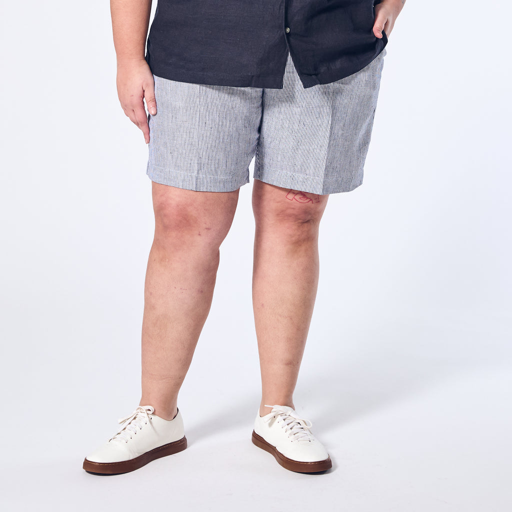 Androgynous Blue Stripe linen shorts.  Color: Hampton Blue Striped