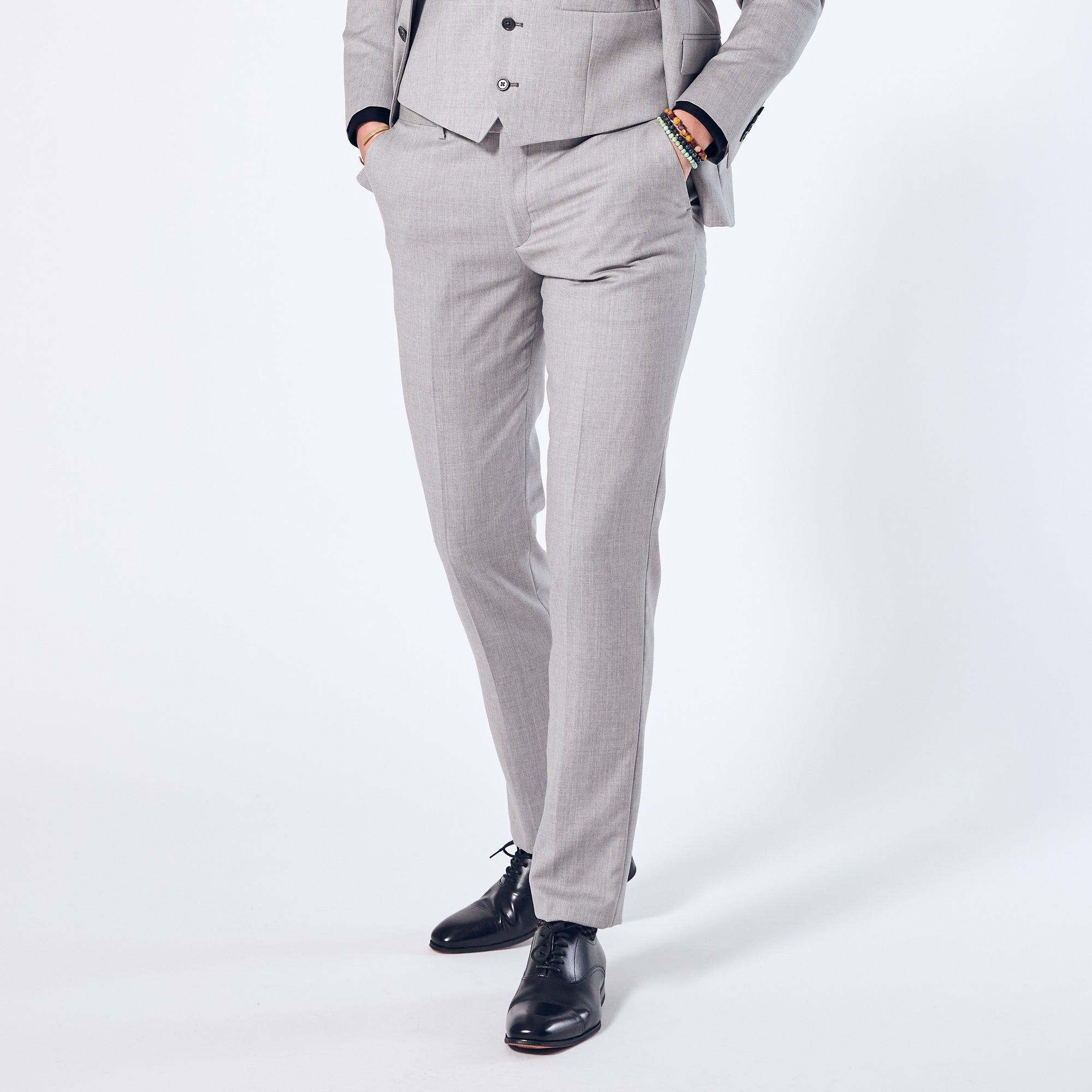 Women's Sky Grey dress pants with charcoal buttons. Color: Sky Gray