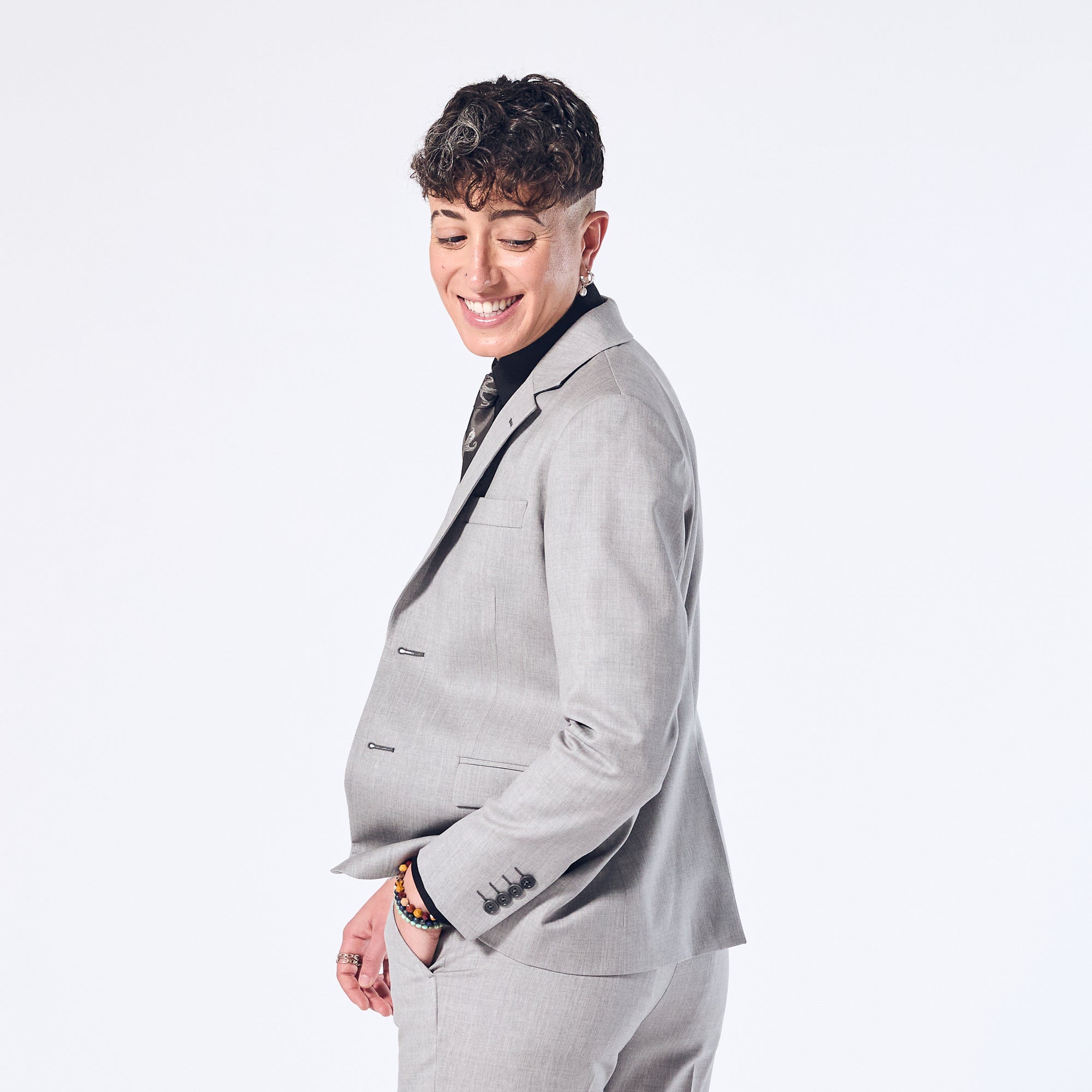 Women's Sky Grey Blazer with charcoal contrast button holes. Color: Sky Gray