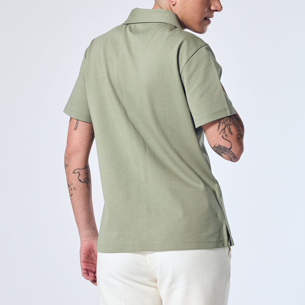 Womens sage double jersey camp shirt made by Kirrin Finch. Color: Sage