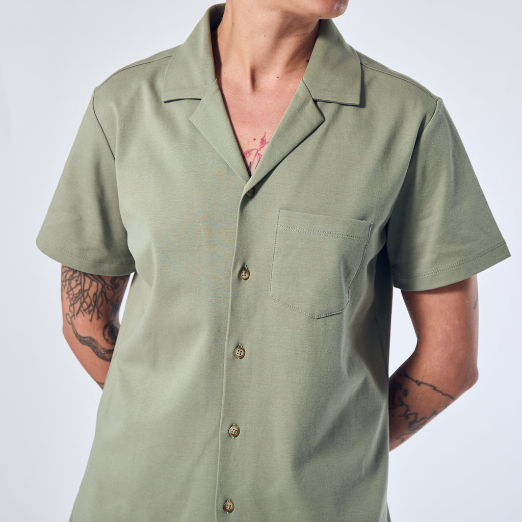 Sage double jersey camp shirt made for women, trans, masc and non-binary folk. Color: Sage