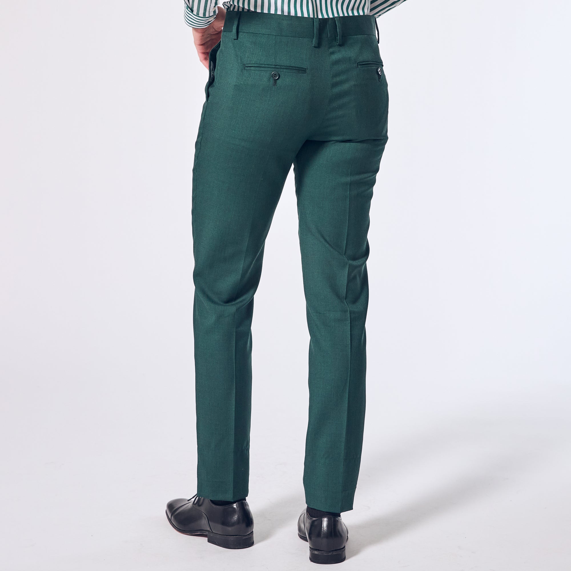 Emerald Green dress pants with matching back pocket buttons. Color: Emerald