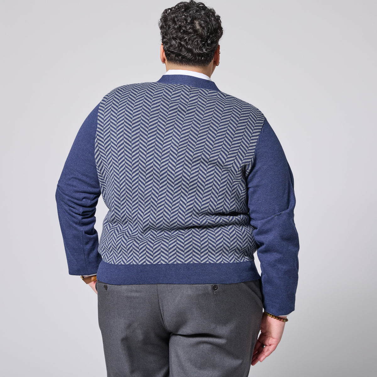 Blue and white cardigan made for women, trans, masc, and non-binary folk. Color: Blue Stone Herringbone