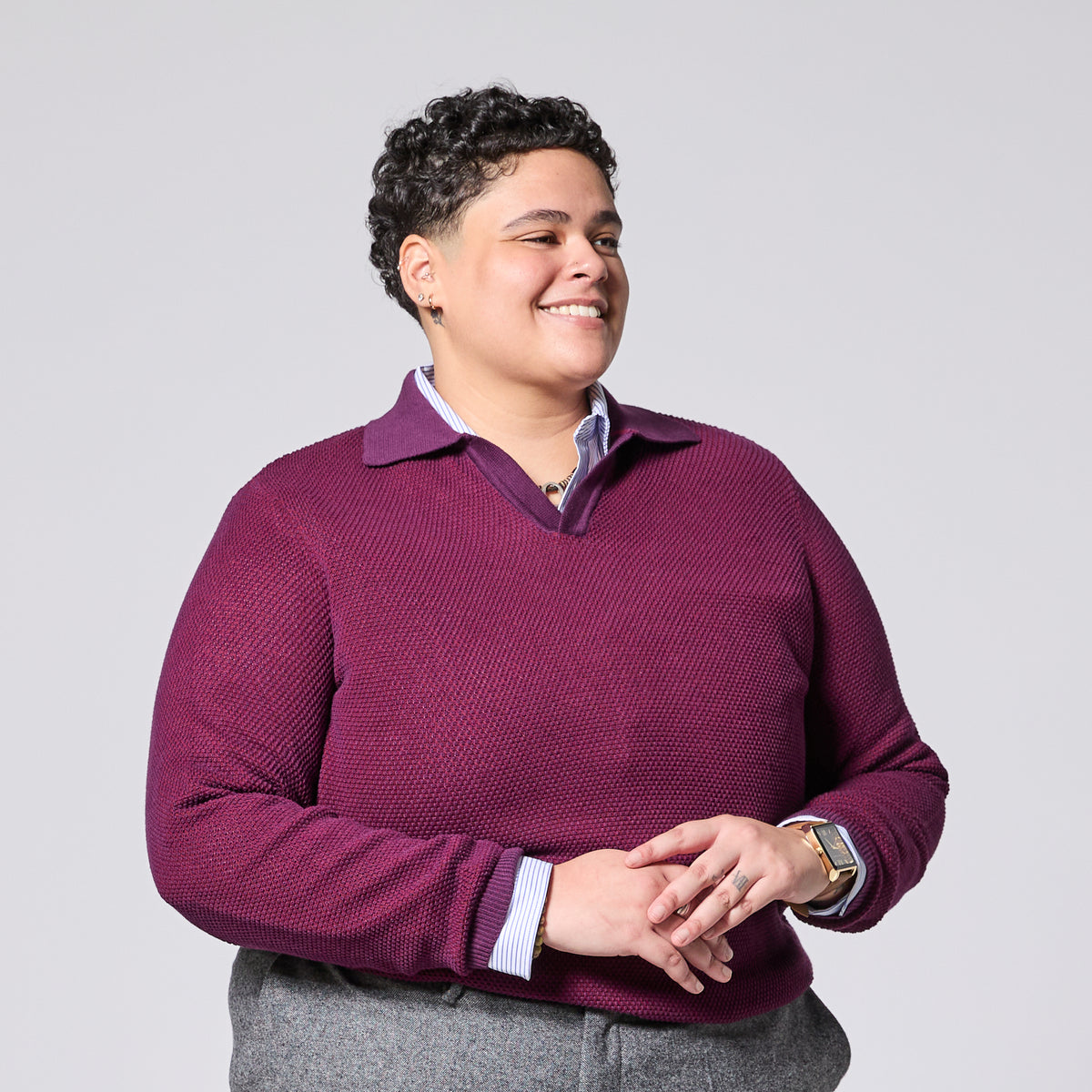 Red Johnny collar polo made for women, trans, masc, and non-binary folk. Color: Merlot