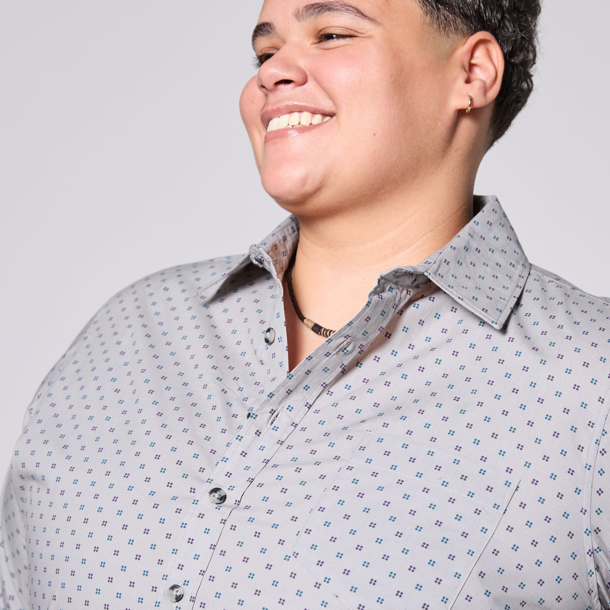 Storm KF Emblem Point Collar Shirt made for women, trans, masc, and non-binary folk. Color: Storm